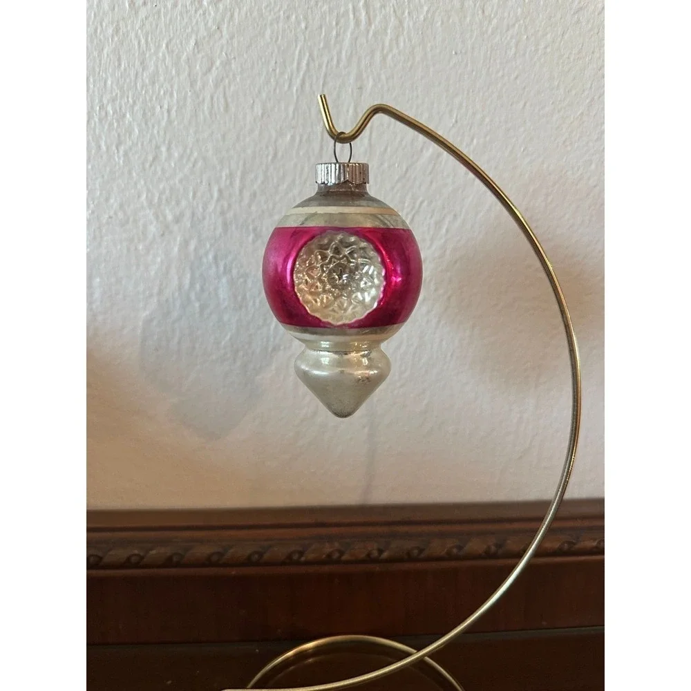 Vtg Shiny Brite 3.5 Pink Double Indent‎ Finial Christmas Ornament Teardrop GLOWS